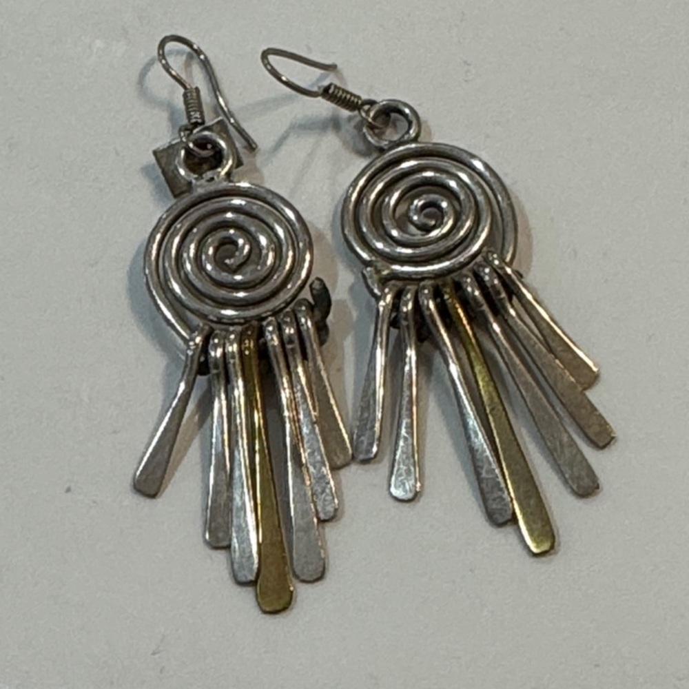 Spiral925 Sterling Silver vintage Spiral 2 Tone Dangle Earnings